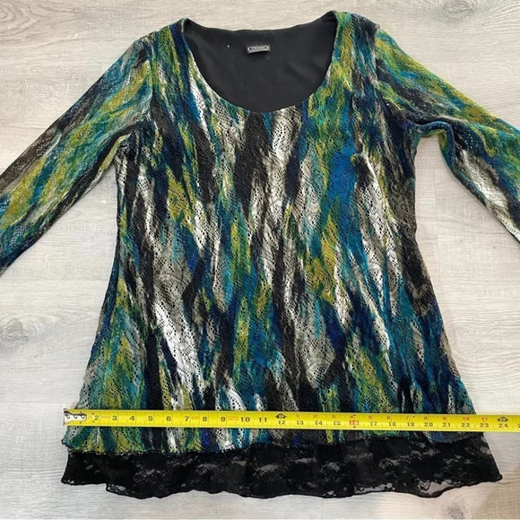 Clientele Watercolor Lace Overlay Frilly Blouse Size M - Picture 12 of 14